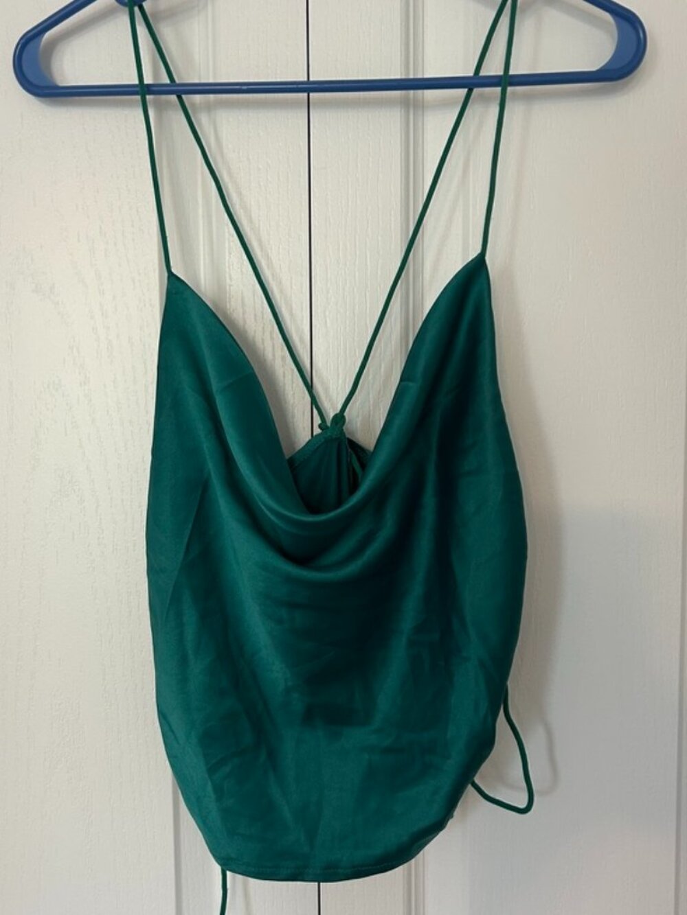 SHEIN Emerald Green Satin Cowl Neck Ruched Tie-Back Top Size Small